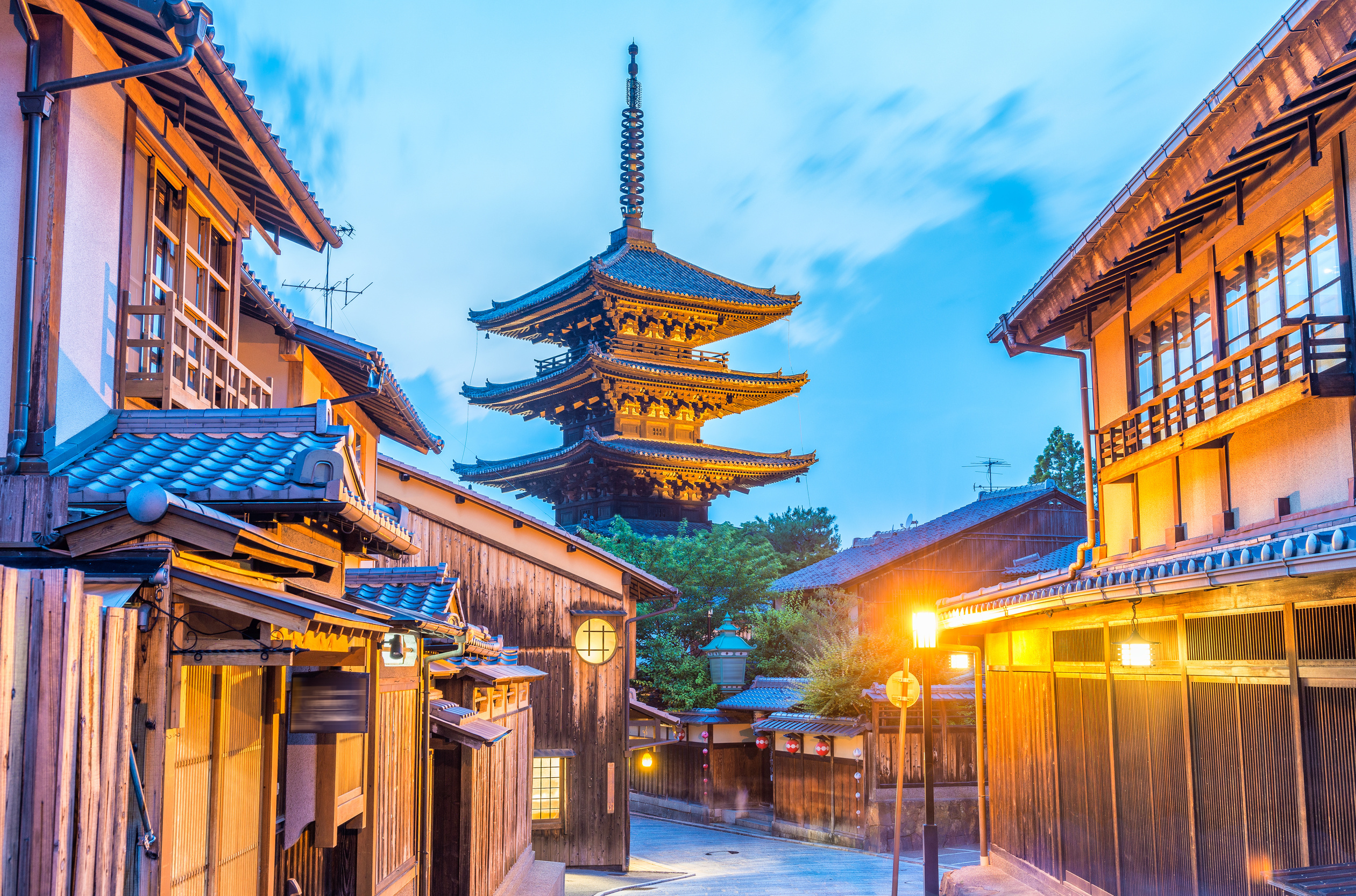 Yasaka Pagoda and City Street at Sunset, Kyoto, Japan